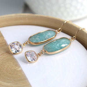 Aqua stone and crystal golden set drop earrings by Peace of Mind