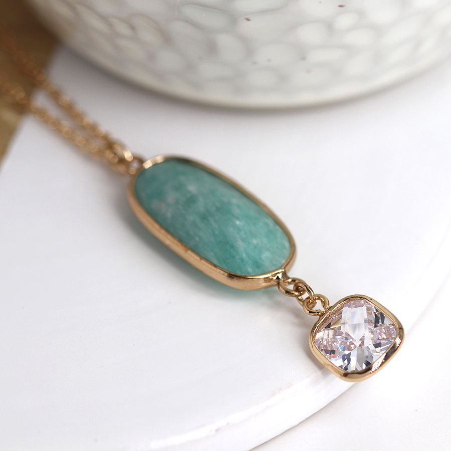 Aqua stone and crystal golden drop necklace by Peace of Mind
