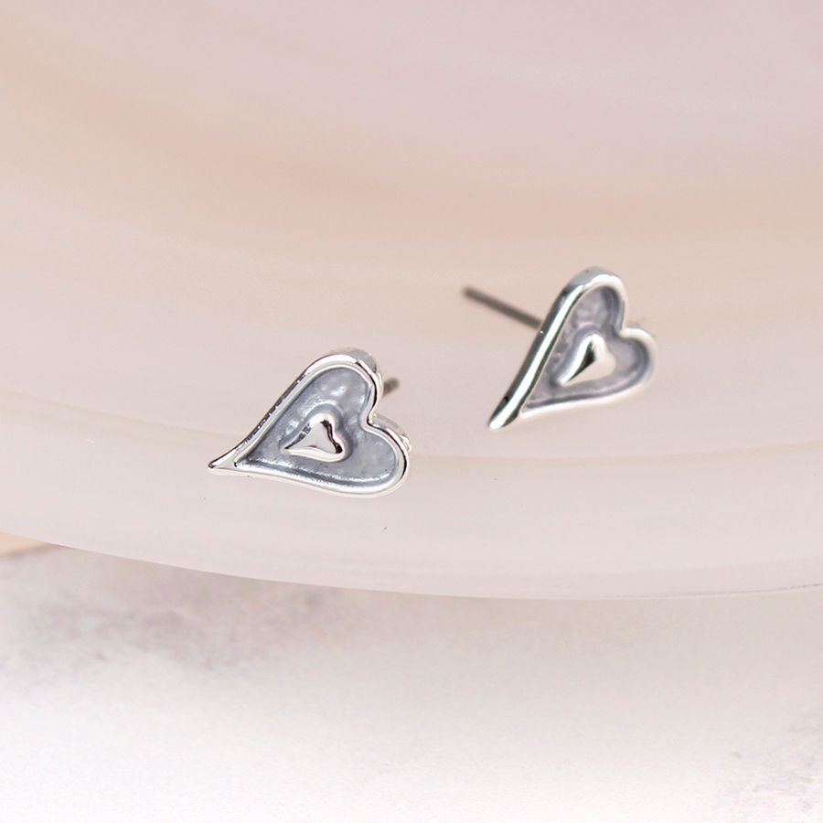 Silver Plated Enamel Heart Stud Earrings by Peace of Mind