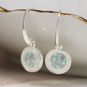Silver plated white opalite drop disc earrings by Peace of Mind