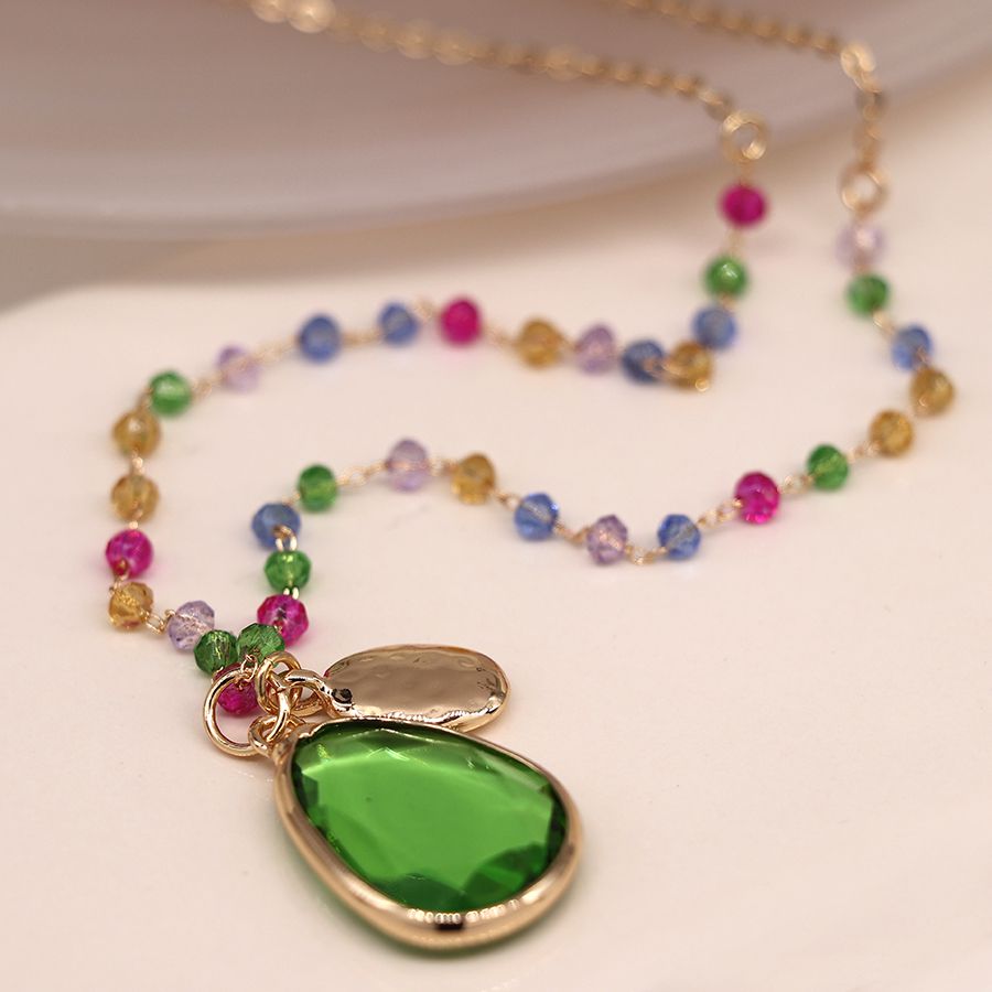 Golden mixed bead and vibrant green drop necklace by Peace of Mind