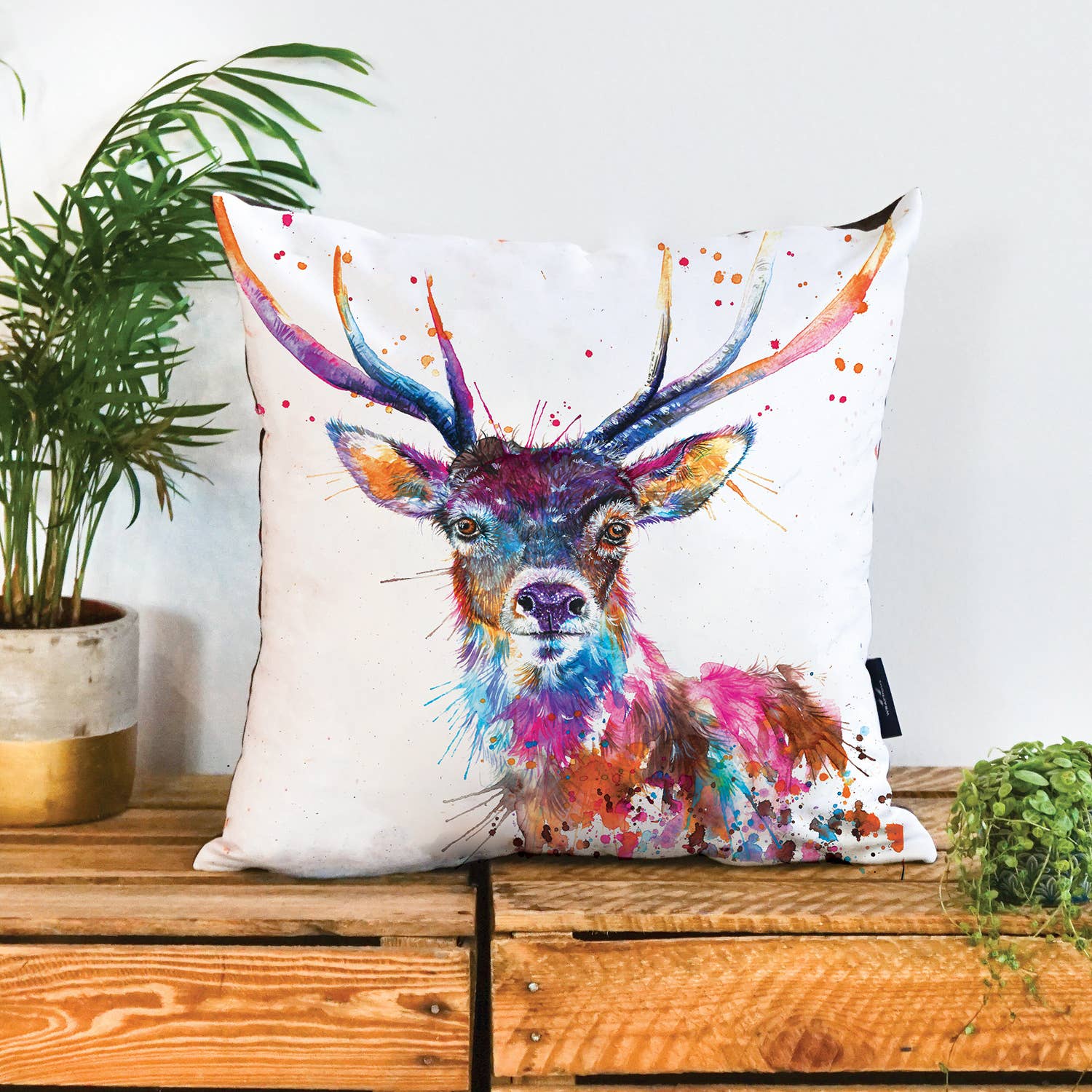 Splatter Rainbow Stag Vegan Suede Cushion