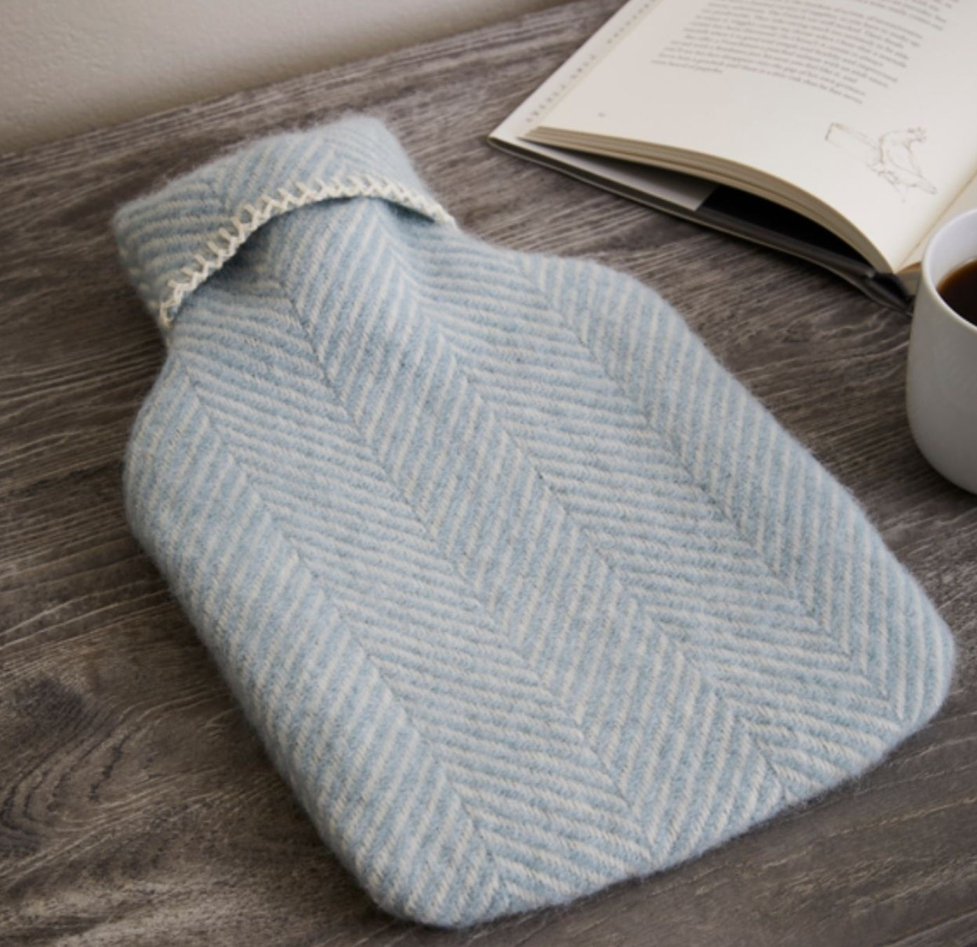 Pure New Wool Hot Water Bottle in Herringbone Duck Egg by Tweedmill