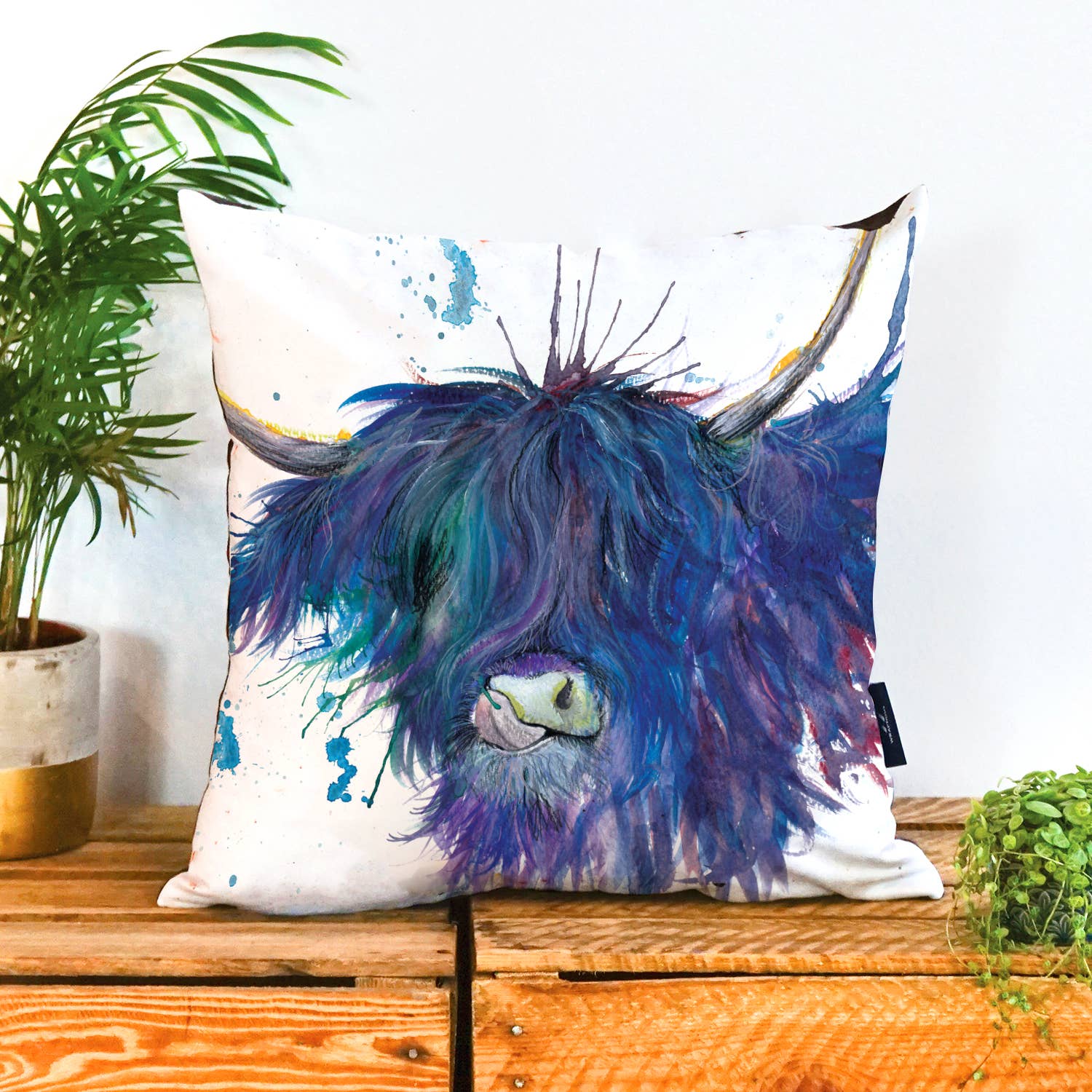 Splatter Highland Cow Vegan Suede Cushion