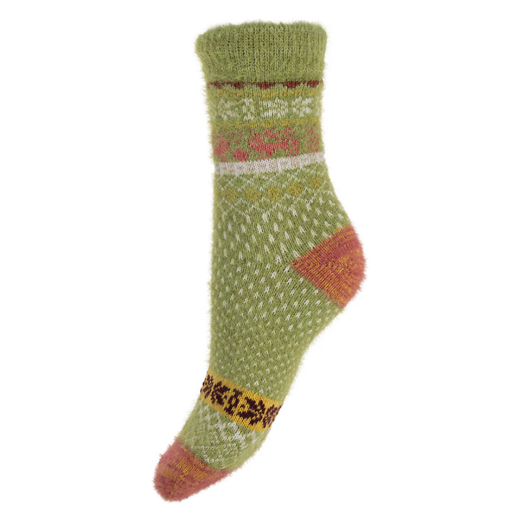 Green Patterned Wool Blend Socks Size 4-7 by Gemjar