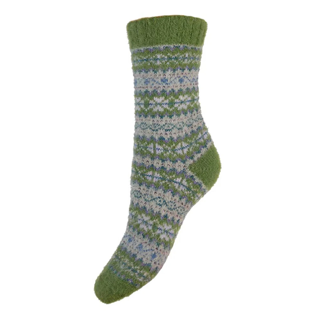 Green Tone Fairisle Wool Blend Socks Size 4-7 by Gemjar