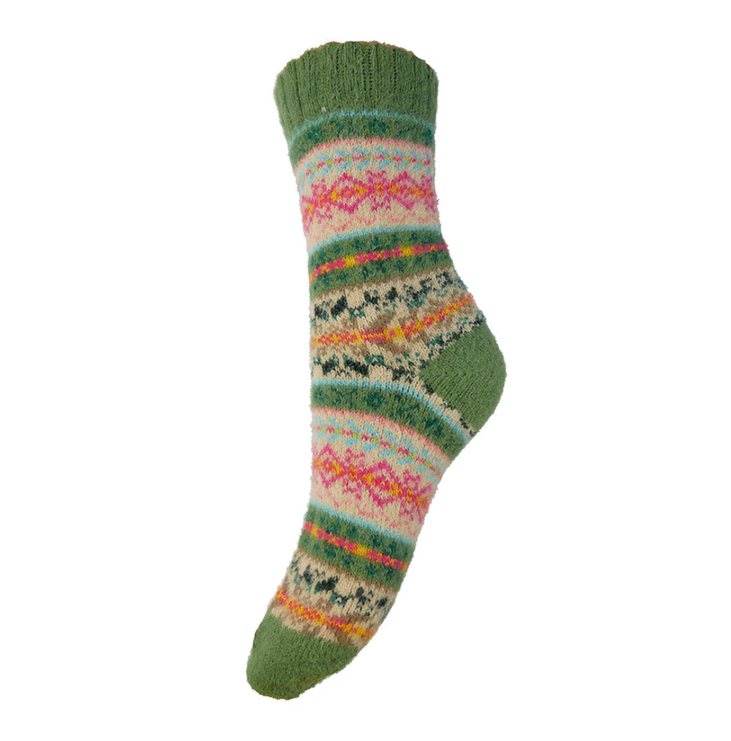 Green Tone Multi Coloured Fairisle Wool Blend Socks Size 4-7 by Gemjar