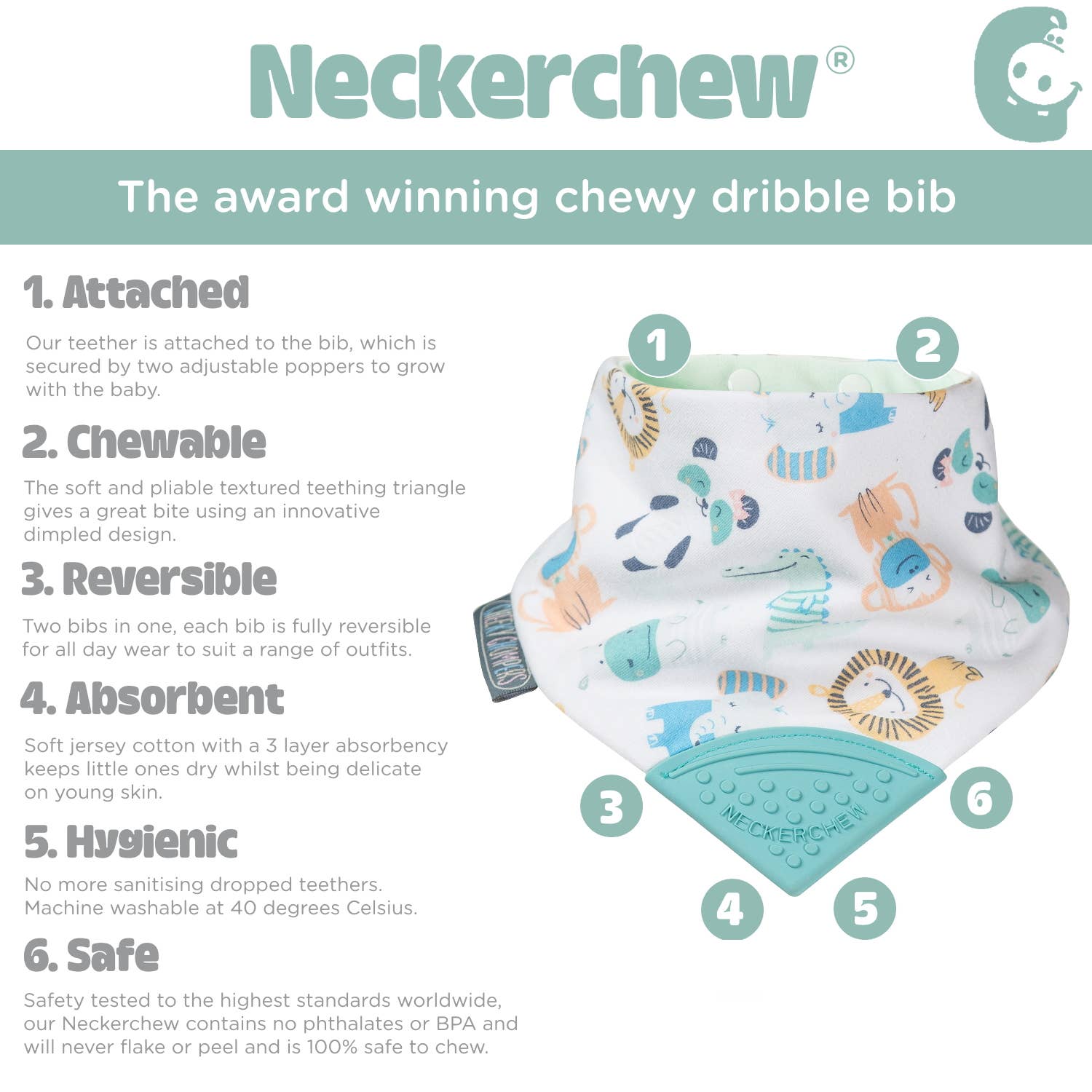 Neckerchew Teething Dribble Bib - Cheeky Animals