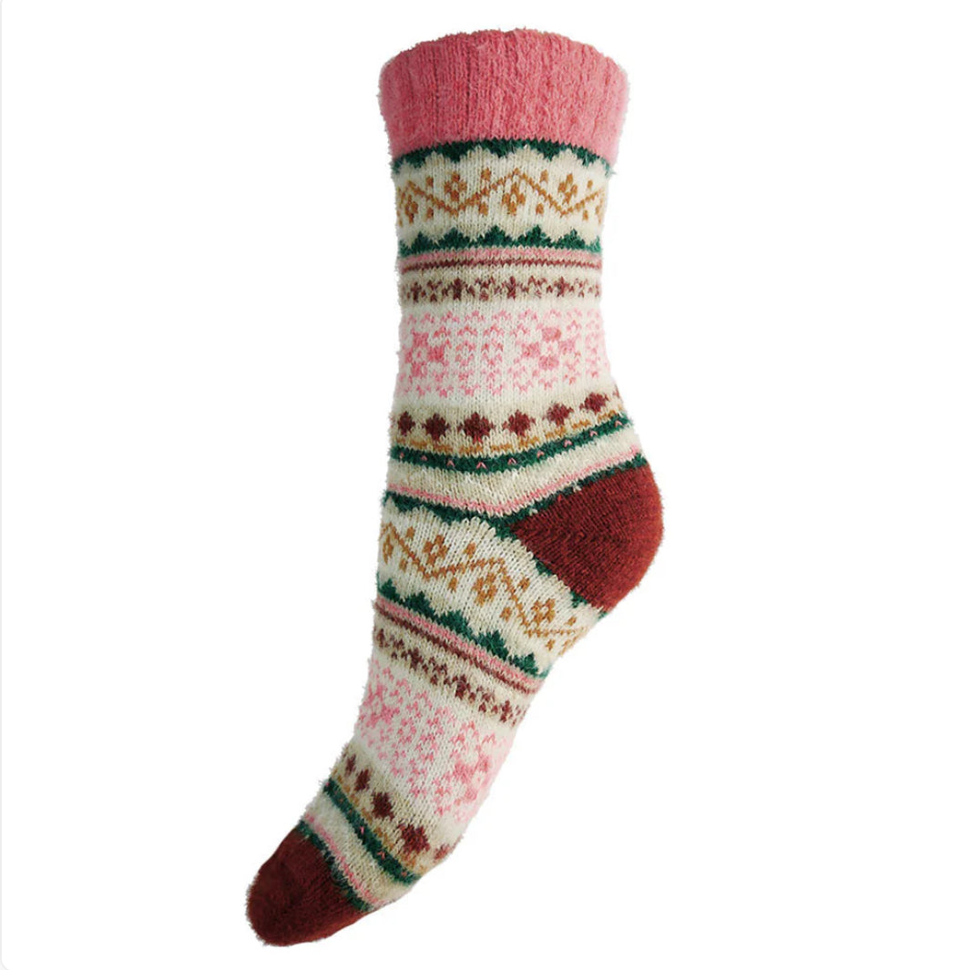Pink and cream Patterned Wool Blend Socks Size 4-7 by Gemjar