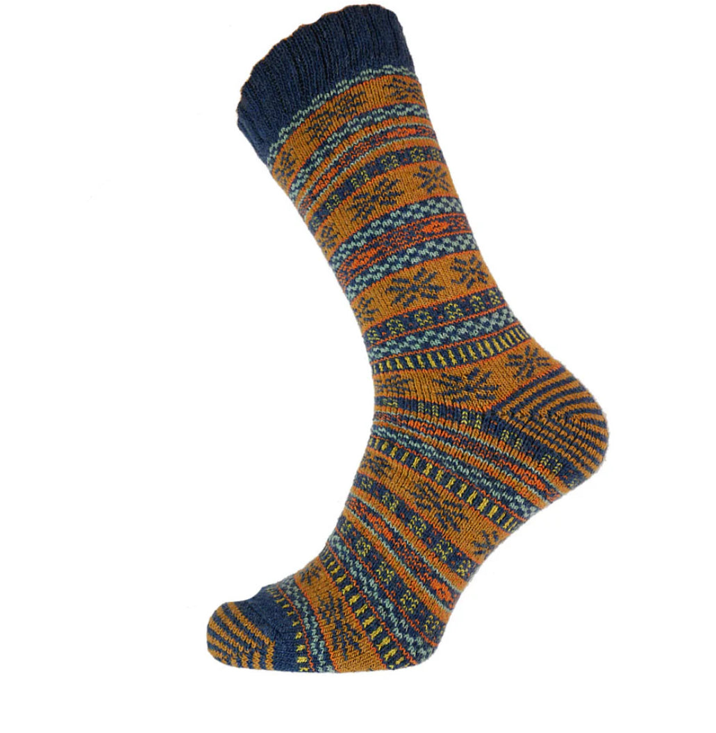 Mustard and blue Patterned Wool Blend Socks Size 8-12 by Gemjar