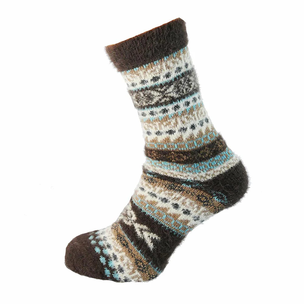 Joya Dark brown with White and Blue Nordic pattern Wool Blend Socks