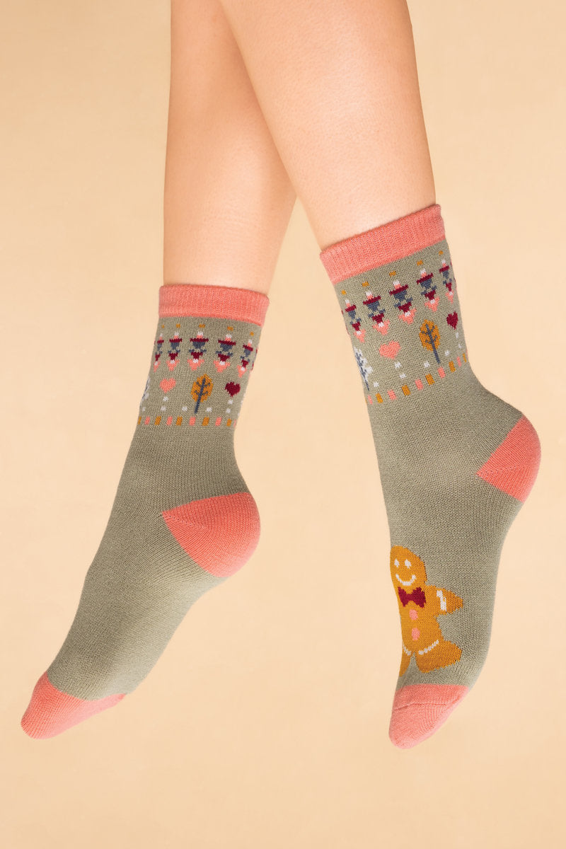 Powder Gingerbread Man Knitted Socks - Sage
