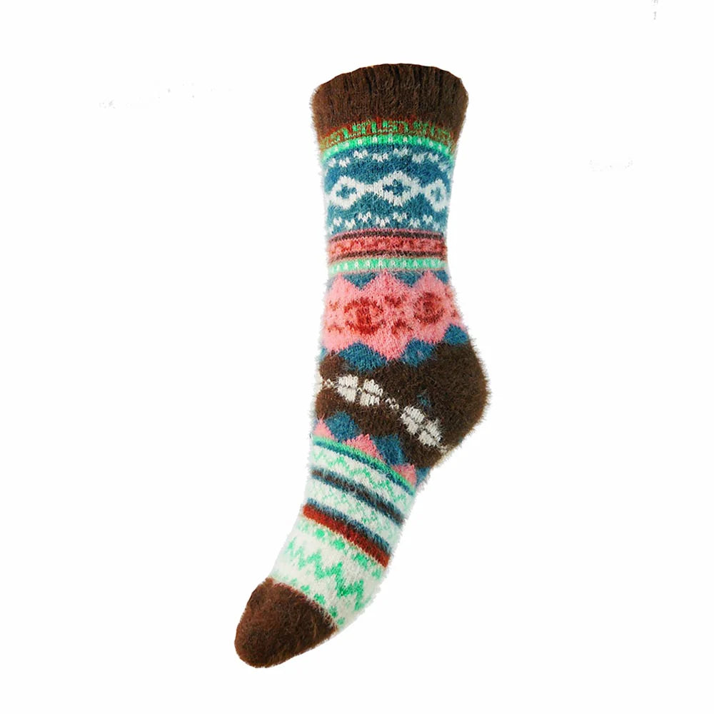 Womens Brown and green Nordic patterned soft Wool Blend socks