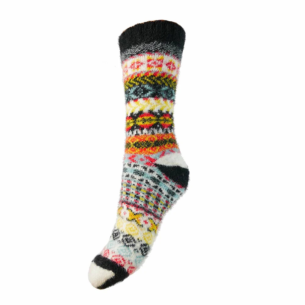 Womens Black, white and multi coloured Scandi patterned soft Wool Blend socks