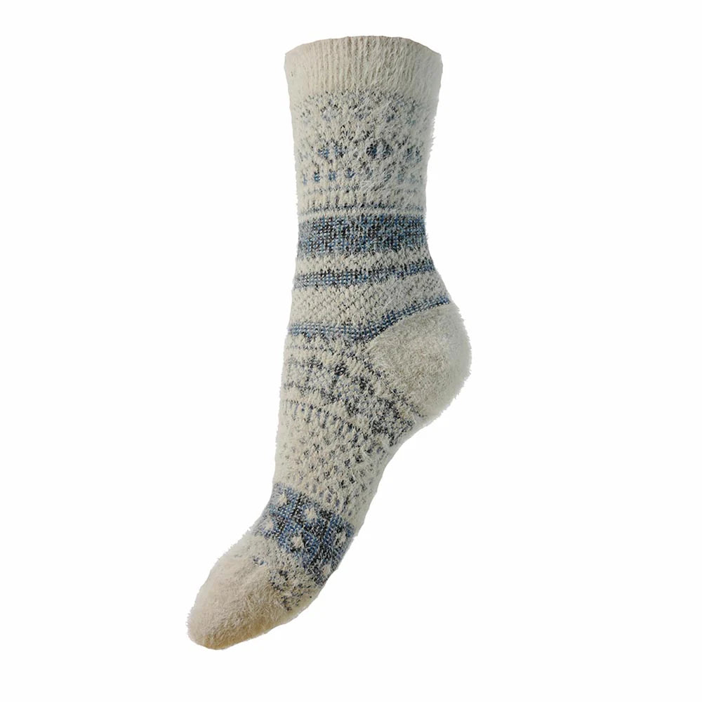 Womens Grey and blue Scandi patterned soft Wool Blend socks