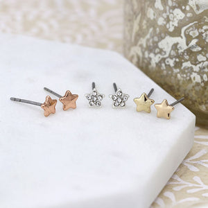 Triple Star Rose Gold Silver and Gold Earrings by Peace of Mind