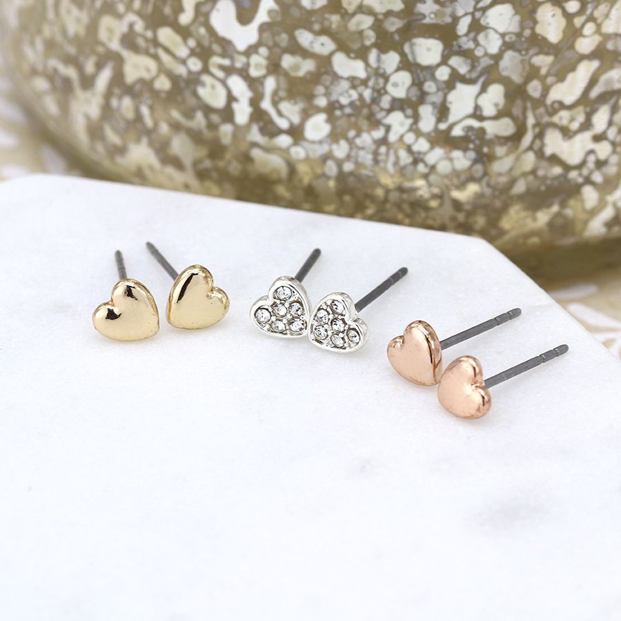 Triple Heart Rose Gold, Silver and Gold Earrings by Peace of Mind