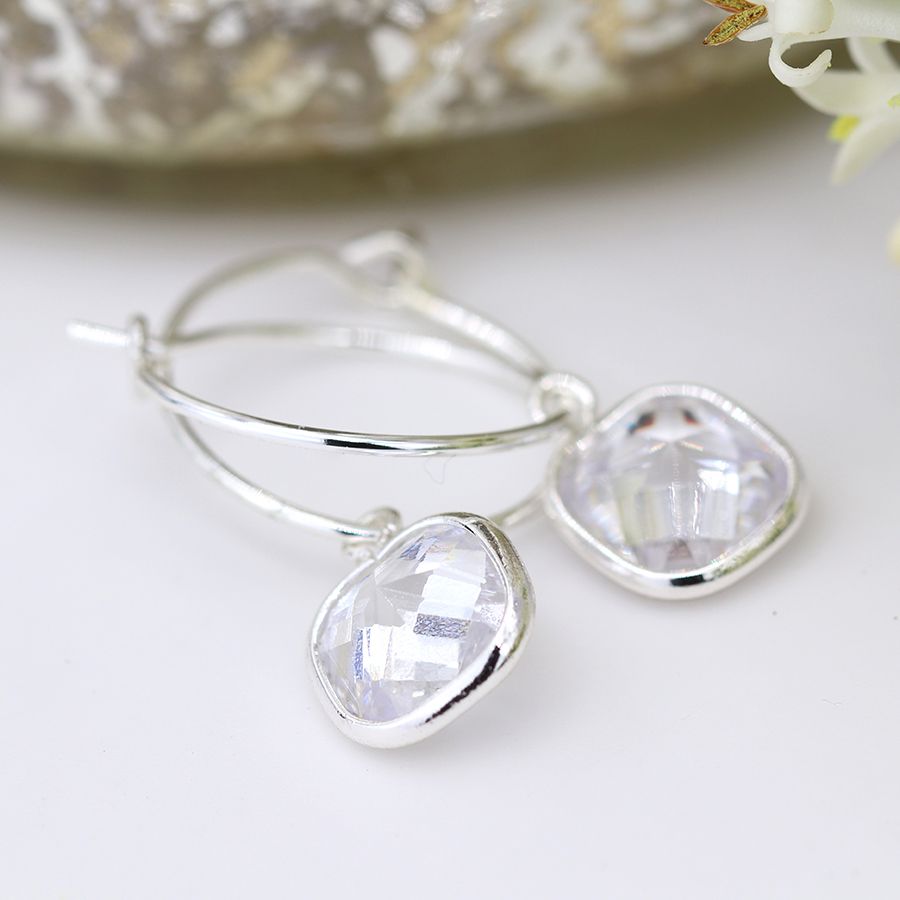 Silver Plated Hoop and Square Crystal Earrings by Peace of Mind