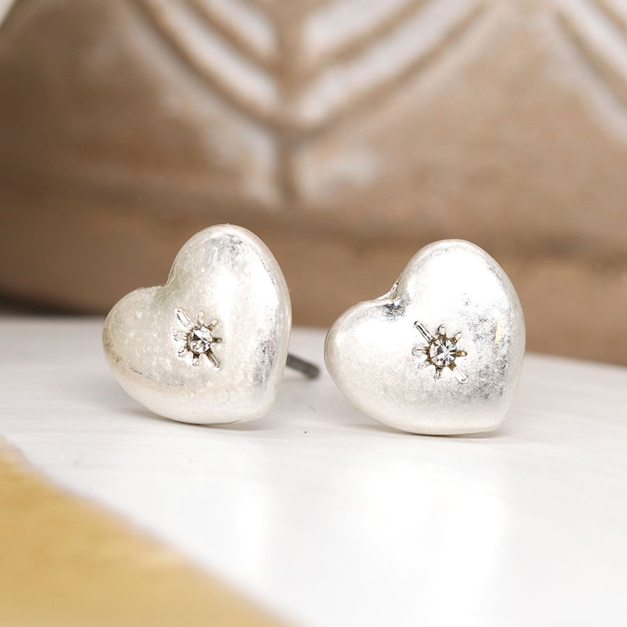 Silver Plated Heart and Crystal Stud Earrings by Peace of Mind