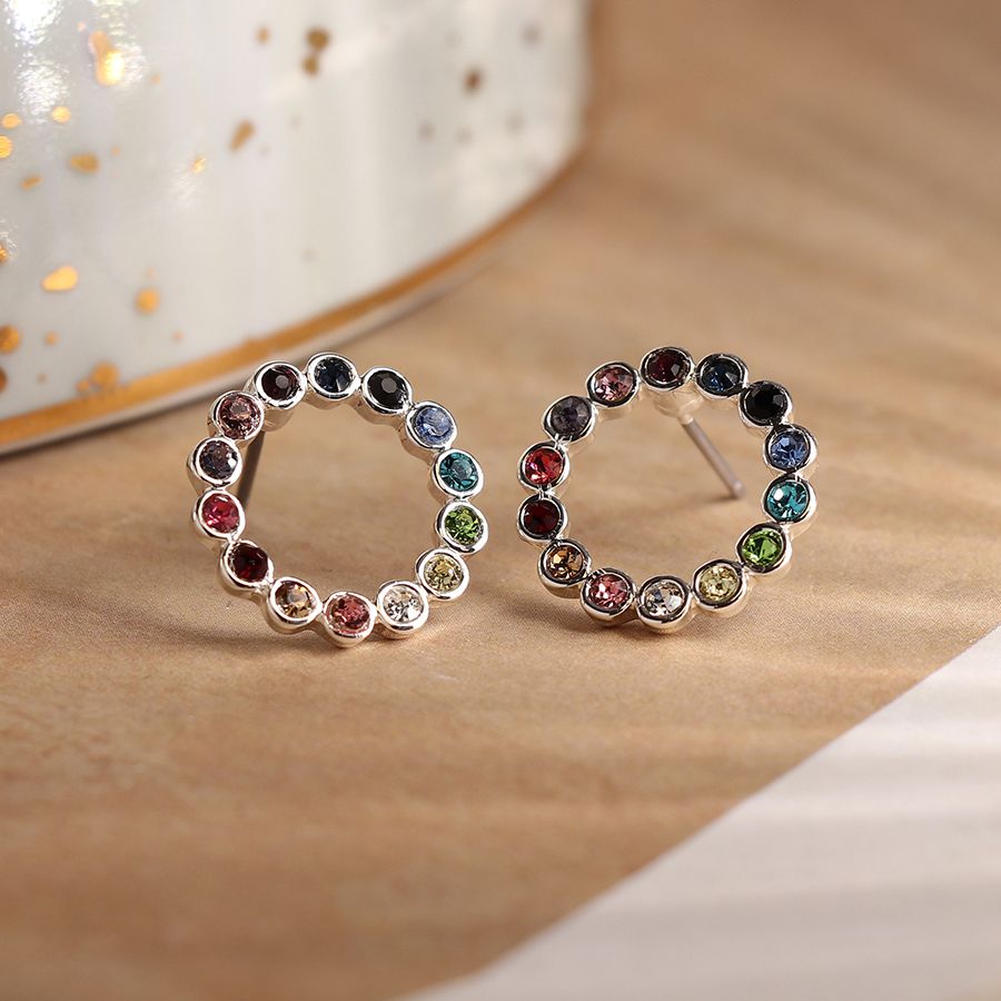 Silver Plated Rainbow Crystal Circle stud Earrings by Peace of Mind