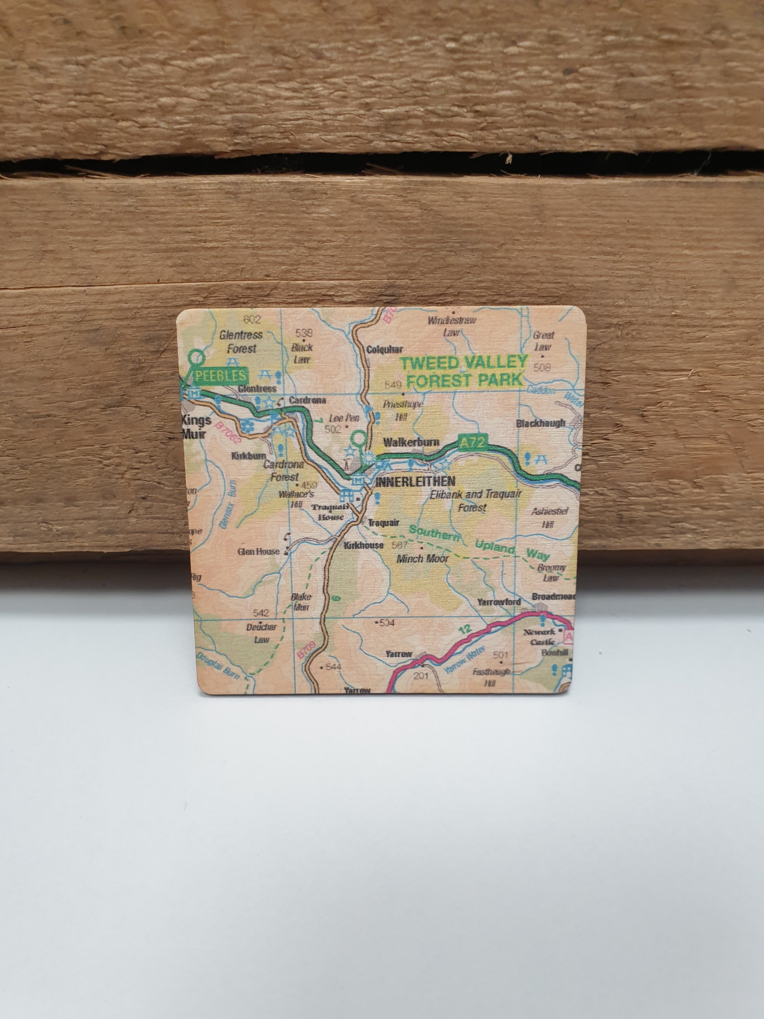 Wooden Fridge Magnet with Innerleithen Map by Sugar Shed