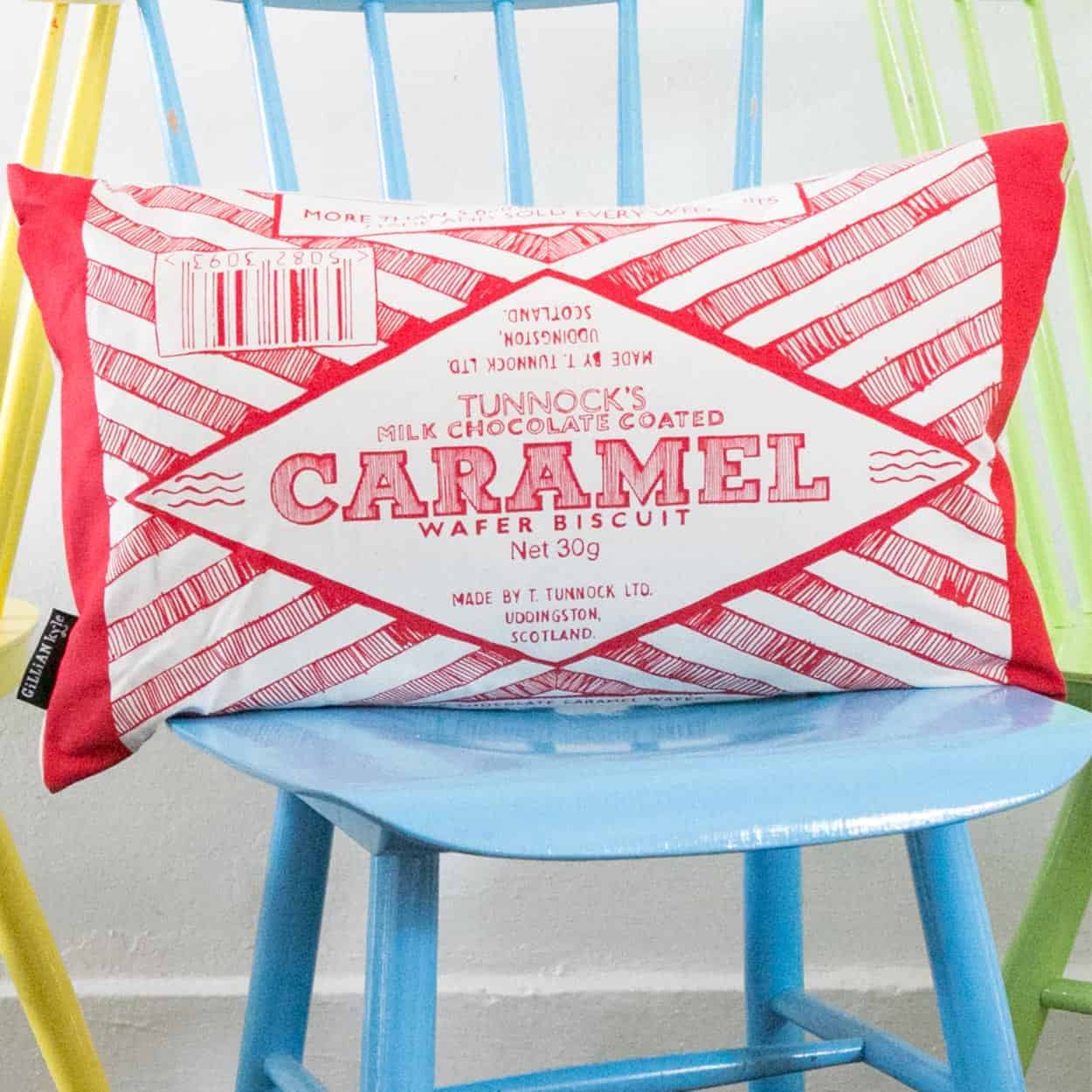 Tunnocks Caramel Wafer Wrapper Cushion by Gillian Kyle