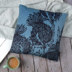 Black Thistle Cushion in Denim Blue by Gillian Kyle