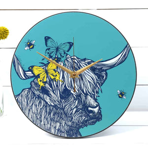 Highland Cow Butterflies and Bees Wall Clock by Gillian Kyle