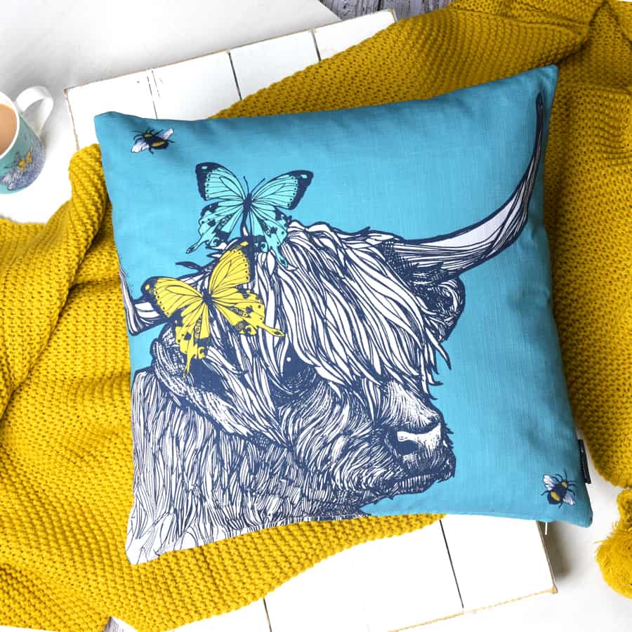 Highland Cow, Butterflies and Bees Cushion by Gillian Kyle