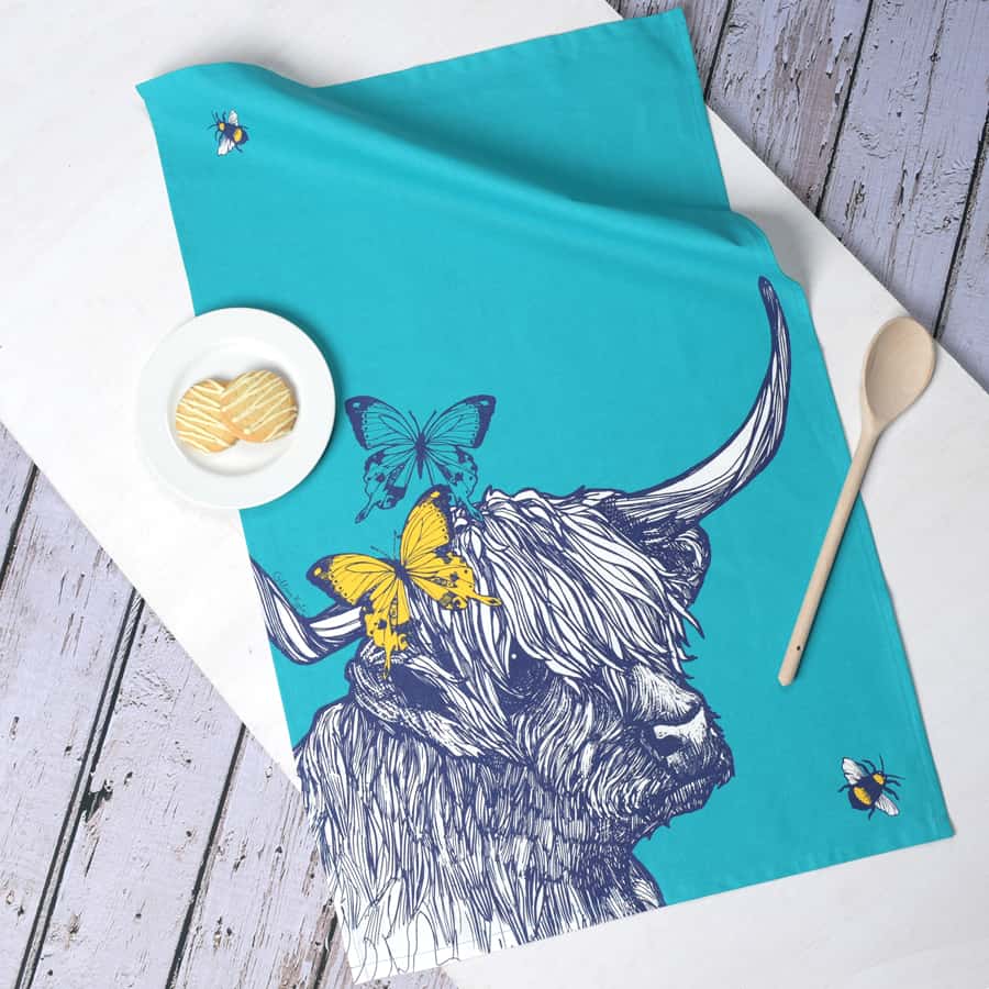 Highland Cow, Butterflies and Bees Tea Towel