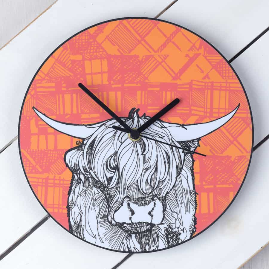Tartan Cow Wall Clock by Gillian Kyle